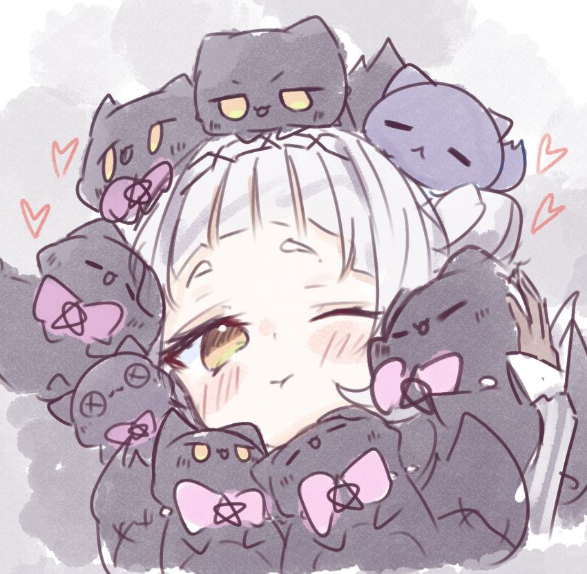 1girl, :t, ao_growth_20, arched_bangs, blush_stickers, creature, grey_hair, hairband