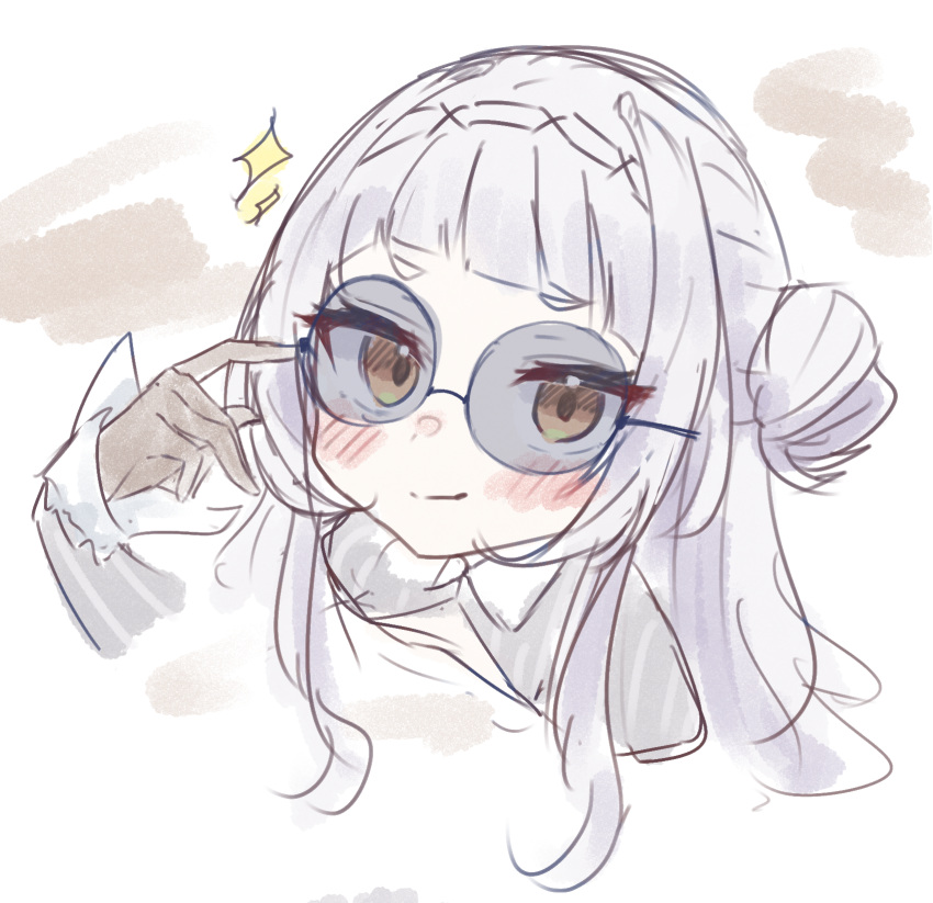 1girl, adjusting_eyewear, ao_growth_20, black_gloves, blush_stickers, closed_mouth, cropped_torso, glint, gloves, grey_hair, grey_shirt, hair_bun, hairband, highres, hololive, long_hair, long_sleeves, looking_at_viewer, murasaki_shion, murasaki_shion_(1st_costume), no_headwear, shirt, short_eyebrows, side_up_bun, single_side_bun, smile, smug, solo, striped_clothes, striped_shirt, sunglasses, vertical-striped_clothes, vertical-striped_shirt, virtual_youtuber, watercolor_effect, yellow_eyes