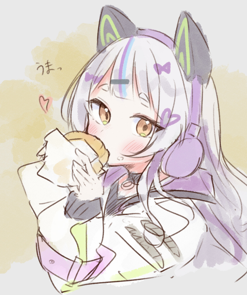 1girl, animal_ear_headphones, animal_ears, ao_growth_20, black_choker, blunt_bangs, blush, burger