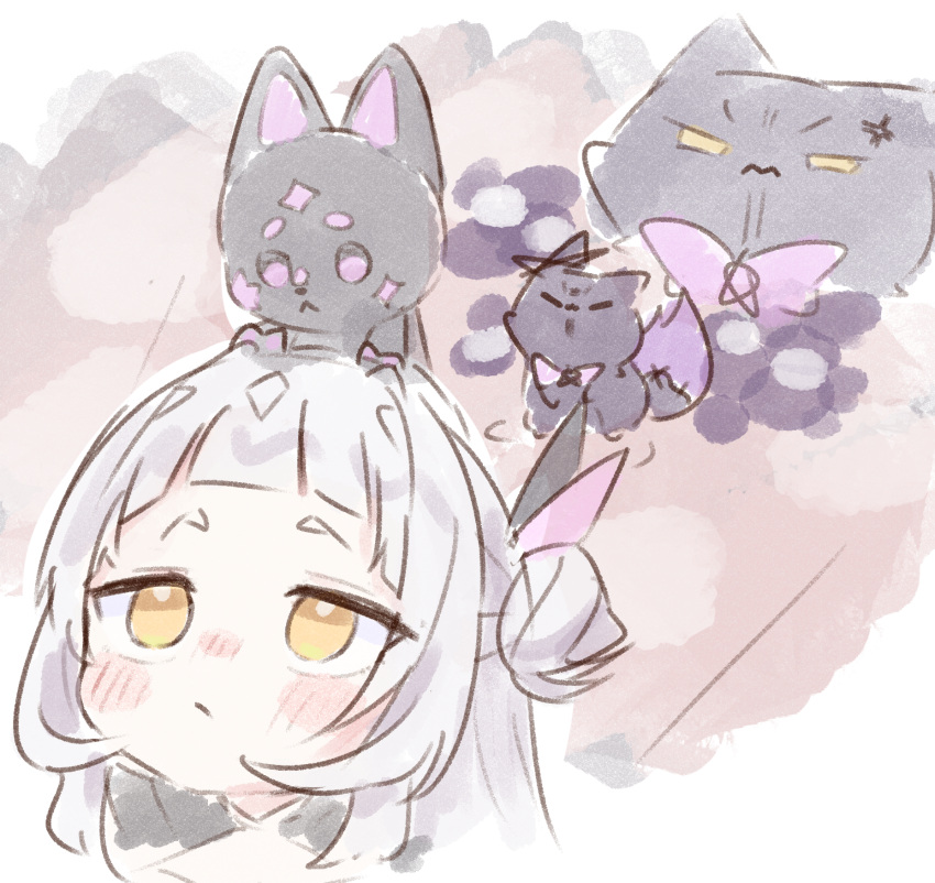 1girl, ao_growth_20, arched_bangs, blush_stickers, chibi, chibi_only, creature, grey_hair