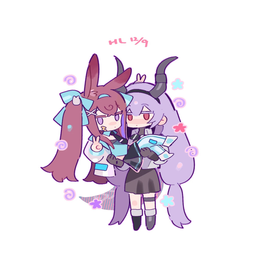 2girls, arknights, carrying, carrying_person, chibi, chibi_only, full_body, hand_up