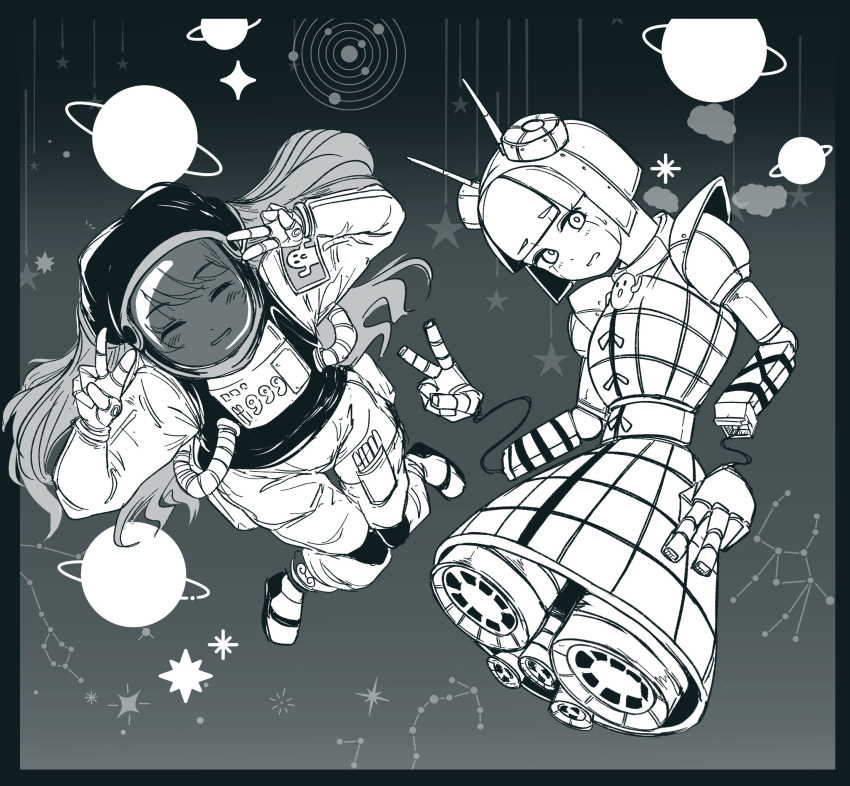 2girls, absurdres, antenna_hair, blush, closed_eyes, constellation, double_v, engine