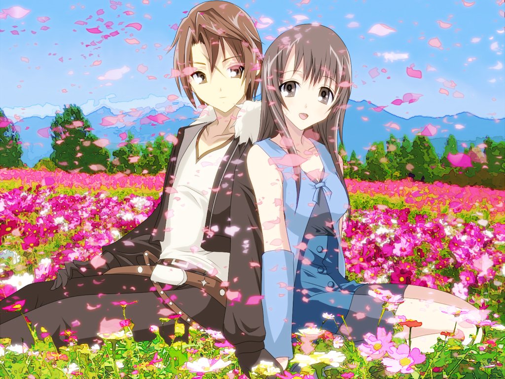 1girl, brown_eyes, brown_hair, couple, detached_sleeves, final_fantasy, final_fantasy_viii, flower, gloves, hakubaikou, hand_holding, holding_hands, matsunaga_(haku), parody, rinoa_heartilly, scar, squall_leonhart, style_parody
