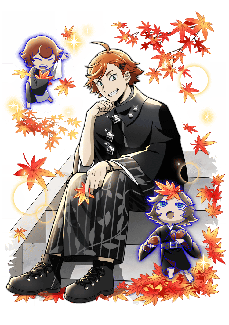 3boys, acorn, ahoge, autumn, autumn_leaves, belt, black_capelet, black_footwear