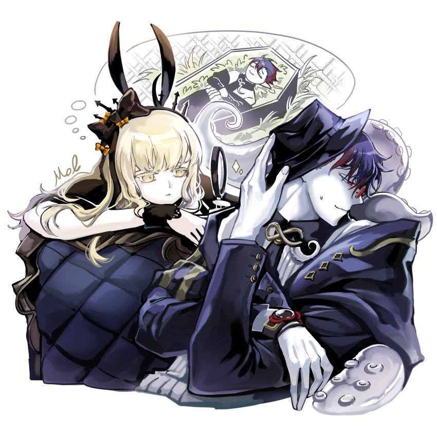 1boy, 1girl, absurdres, alchemy_stars, amol_0522, animal_ear_hairband, animal_ears, black_wrist_cuffs