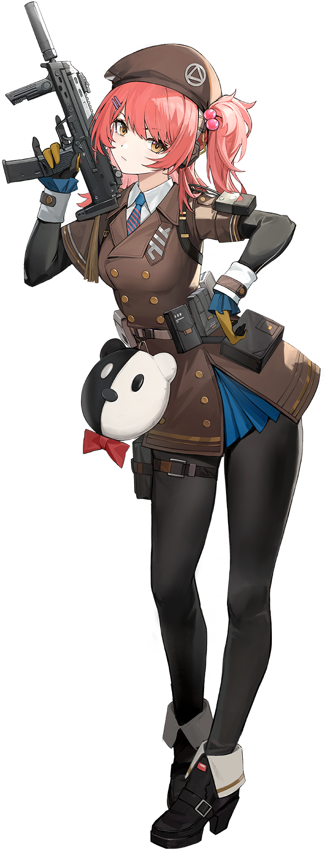 1girl, ankle_boots, arm_pouch, bear_charm, belt_pouch, beret, black_footwear, black_gloves