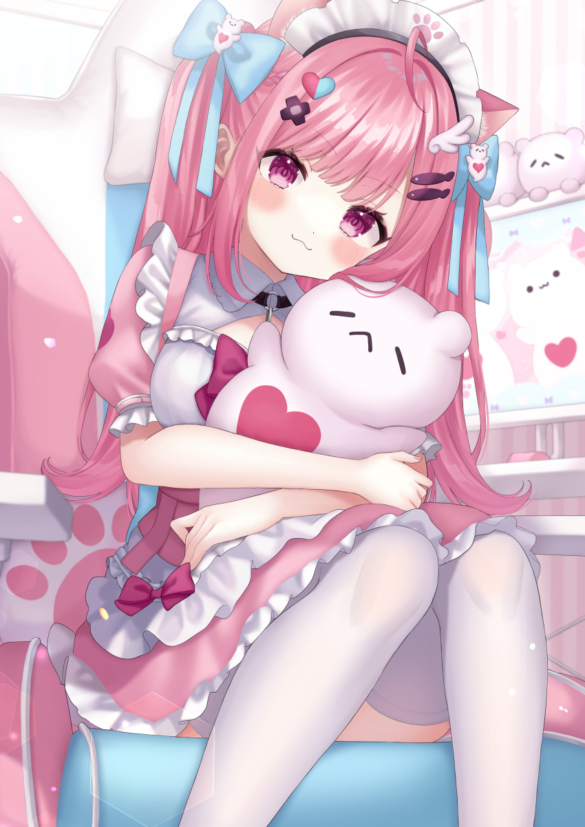 1girl, :3, absurdres, ahoge, animal_ears, apron, bandaid, bandaid_hair_ornament