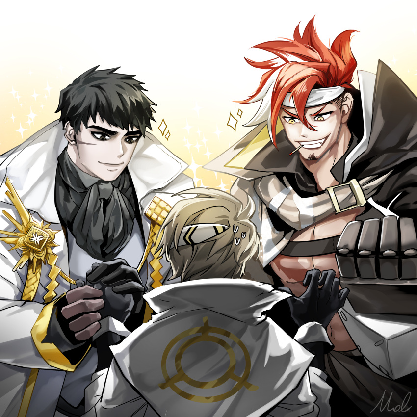 3boys, absurdres, alchemy_stars, amol_0522, ascot, black_ascot, black_gloves, black_hair