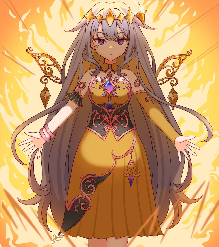 1girl, adapted_costume, alternate_color, arm_garter, bare_shoulders, breasts, chest_jewel, circlet