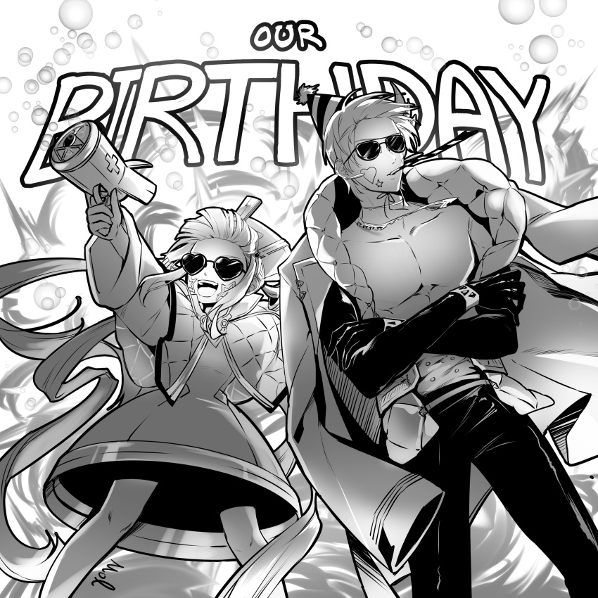 1boy, 1girl, absurdres, alchemy_stars, amol_0522, bare_pectorals, birthday, bubble