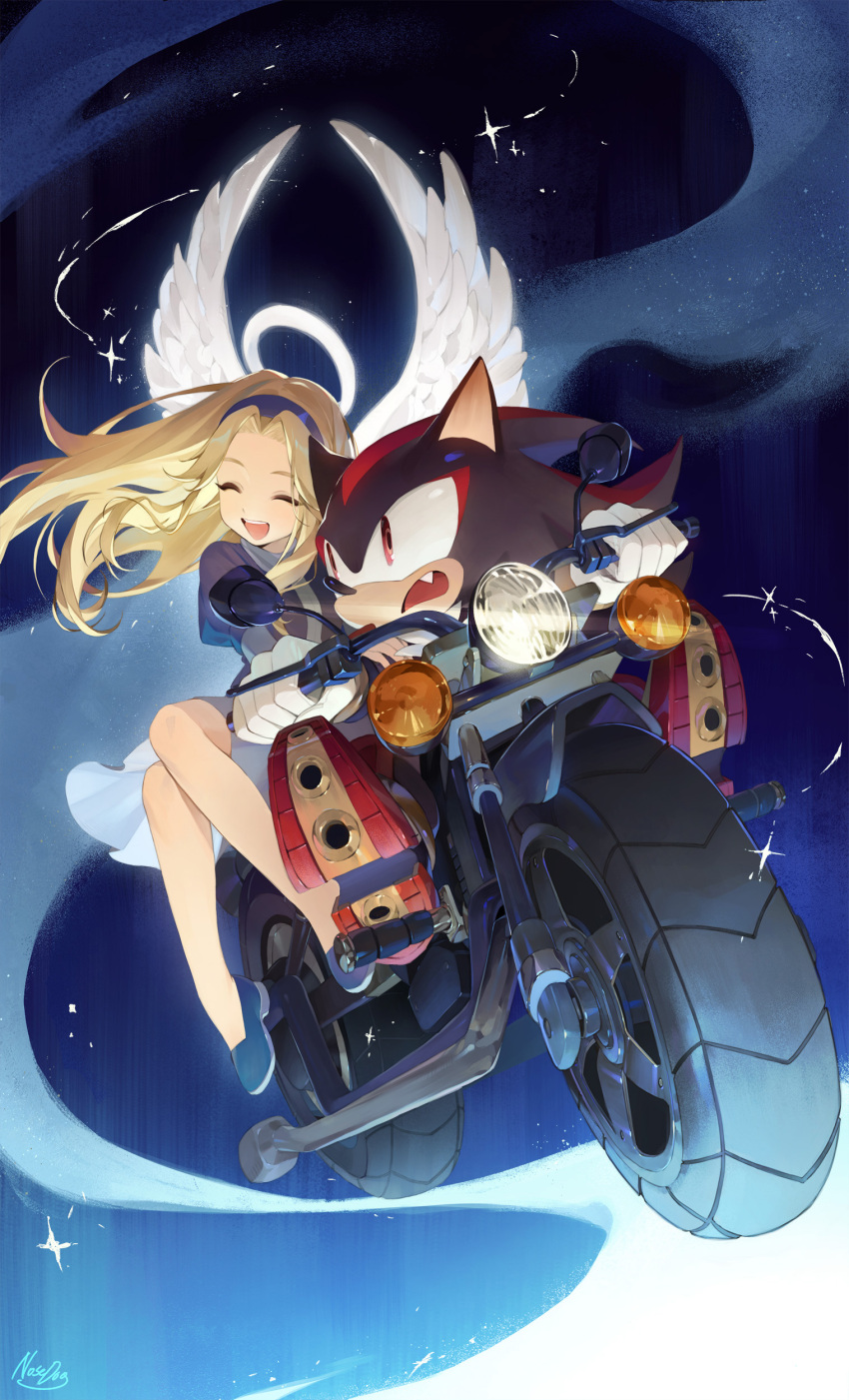 1boy, 1girl, absurdres, angel_wings, artist_name, black_fur, blonde_hair, blue_background