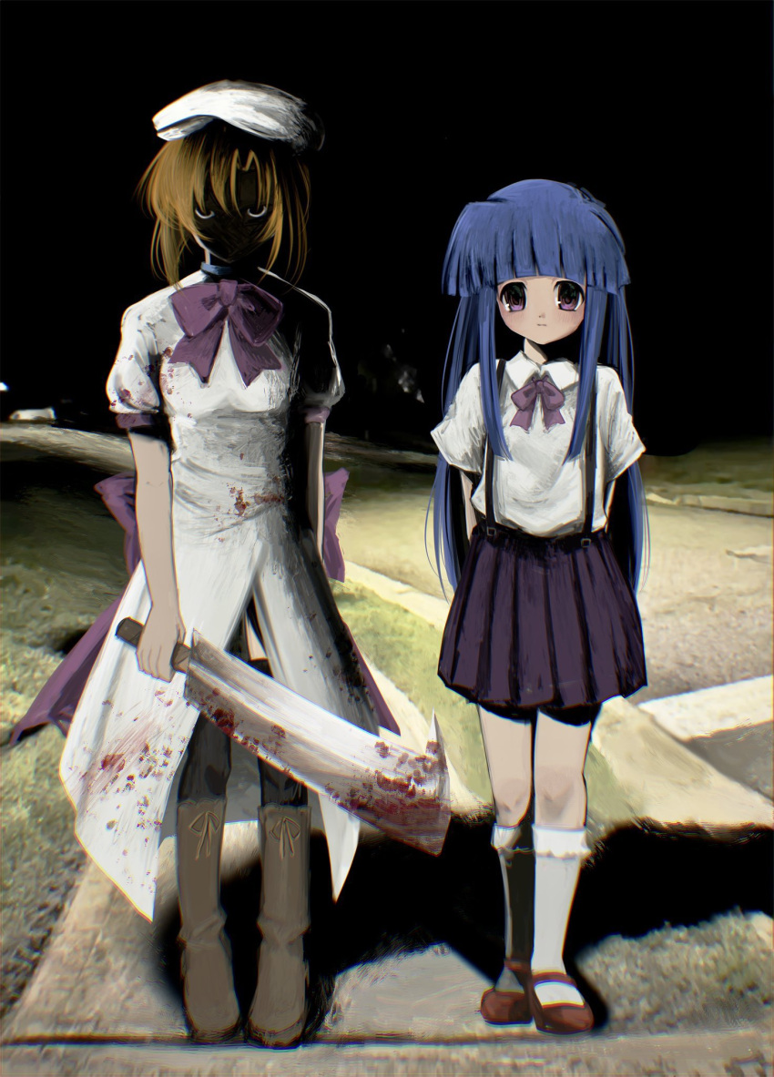 2girls, arms_behind_back, back_bow, beret, blood, blood_on_clothes, blue_hair, blunt_bangs