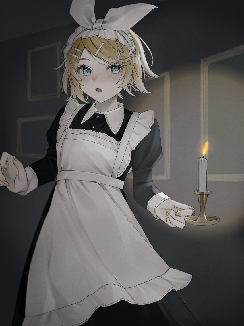1girl, :o, absurdres, ameyui_komori, apron, black_dress, blonde_hair, blue_eyes