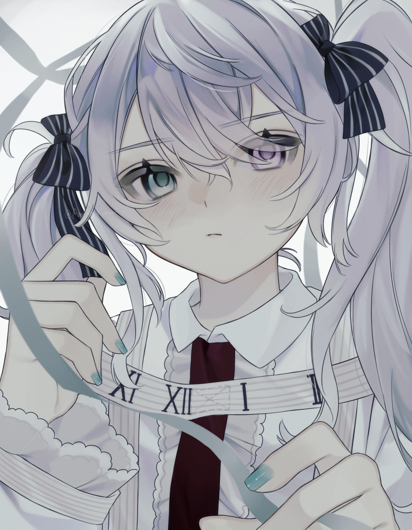 1girl, 25-ji_miku, absurdres, ameyui_komori, aqua_eyes, aqua_nails, black_bow, blush, bow, center_frills, closed_mouth, collared_shirt, commentary_request, double-parted_bangs, expressionless, eyes_visible_through_hair, frilled_sleeves, frills, hair_between_eyes, hair_bow, hatsune_miku, heterochromia, highres, holding, holding_ribbon, long_hair, long_sleeves, looking_at_viewer, nail_polish, pink_eyes, project_sekai, ribbon, roman_numeral, shirt, simple_background, solo, striped_bow, twintails, upper_body, vocaloid, white_background, white_hair, white_shirt