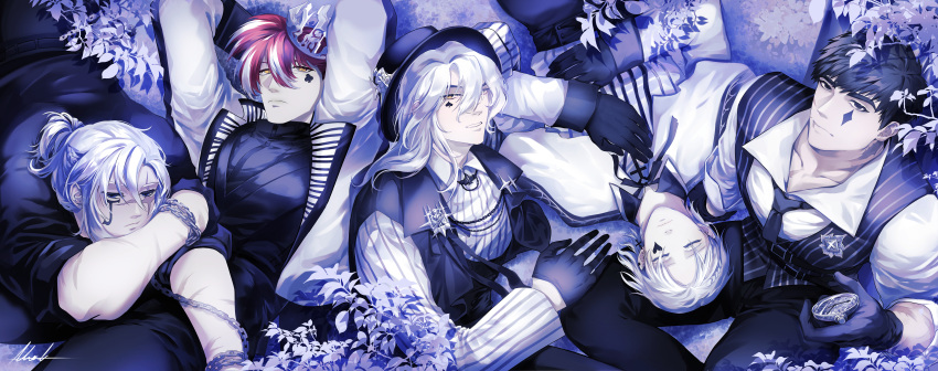 5boys, absurdres, alchemy_stars, amol_0522, badge, barton_(alchemy_stars), black_hair, black_hat