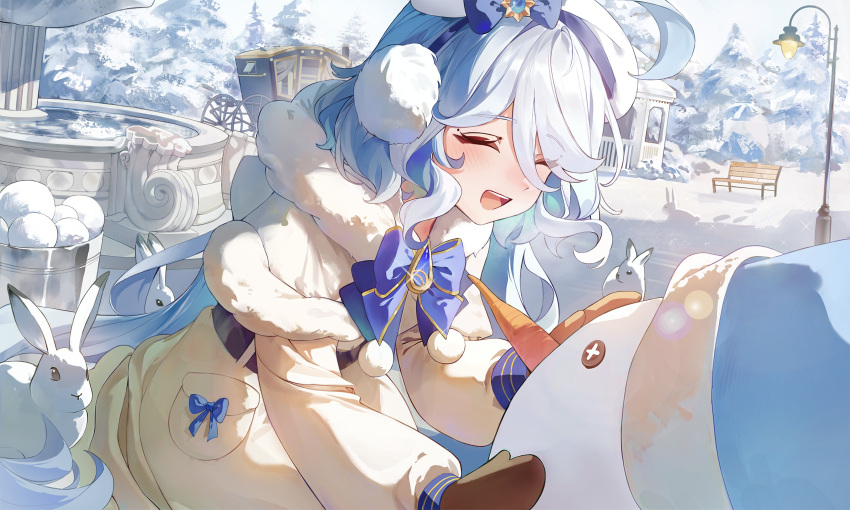 1girl, absurdres, alternate_costume, blue_brooch, blue_hair, blush, brown_gloves, carrot