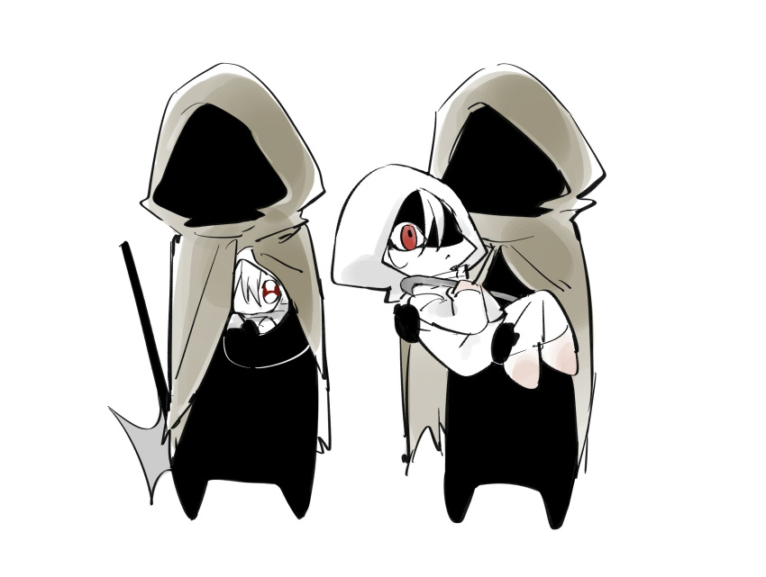 1boy, 1girl, aged_down, axe, brown_cloak, carrying, carrying_person, chibi