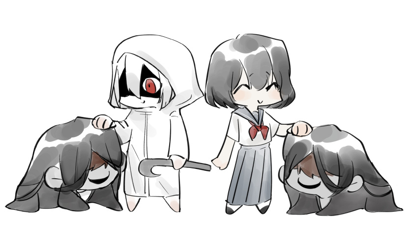 1boy, 1girl, \r\n, black_hair, black_kimono, chibi, chinese_commentary, commentary_request