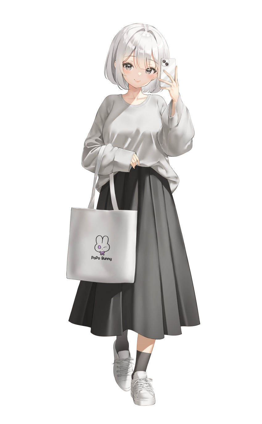1girl, absurdres, ankle_socks, bag, black_skirt, black_socks, bob_cut, cellphone
