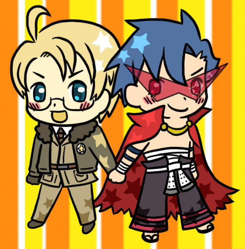 2boys, america_(hetalia), axis_powers_hetalia, blonde_hair, blue_eyes, blue_hair, cape, glasses