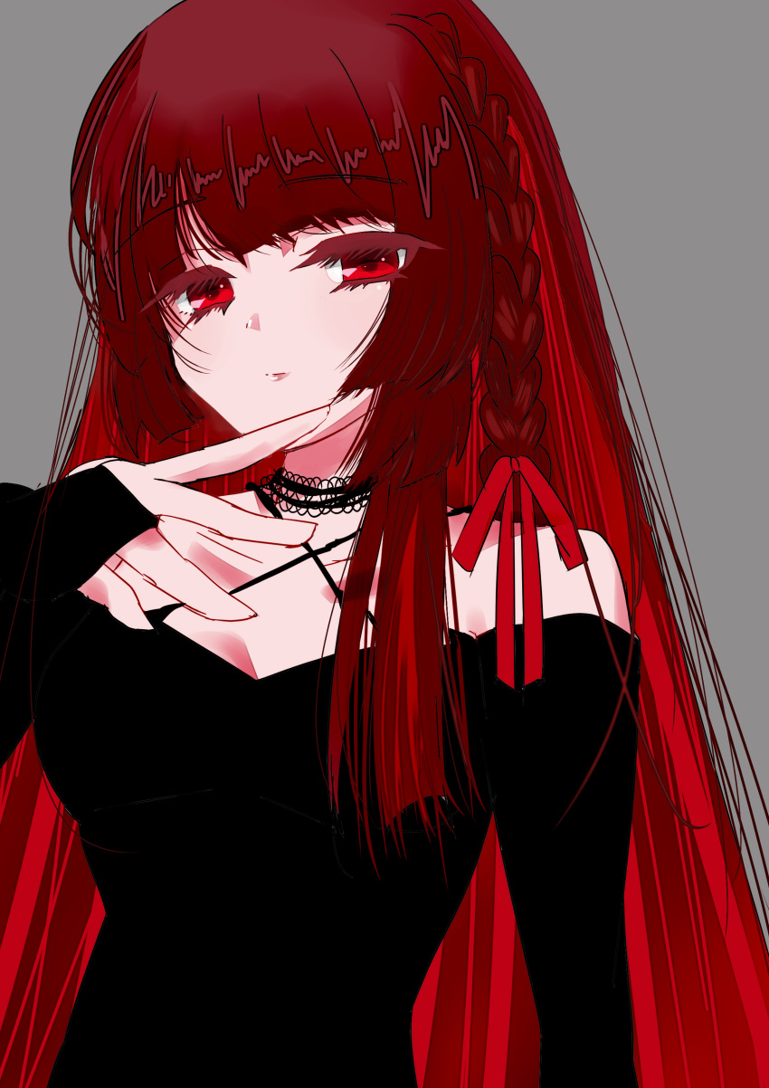 1girl, absurdres, black_choker, black_dress, blunt_bangs, braid, breasts, choker