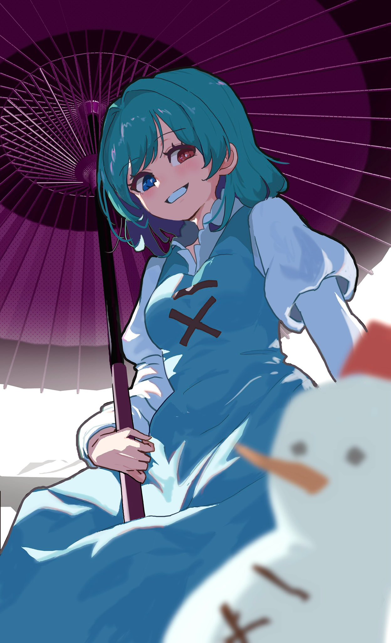 1girl, blue_dress, blue_hair, blurry, blurry_foreground, commentary, delta_delta, dress