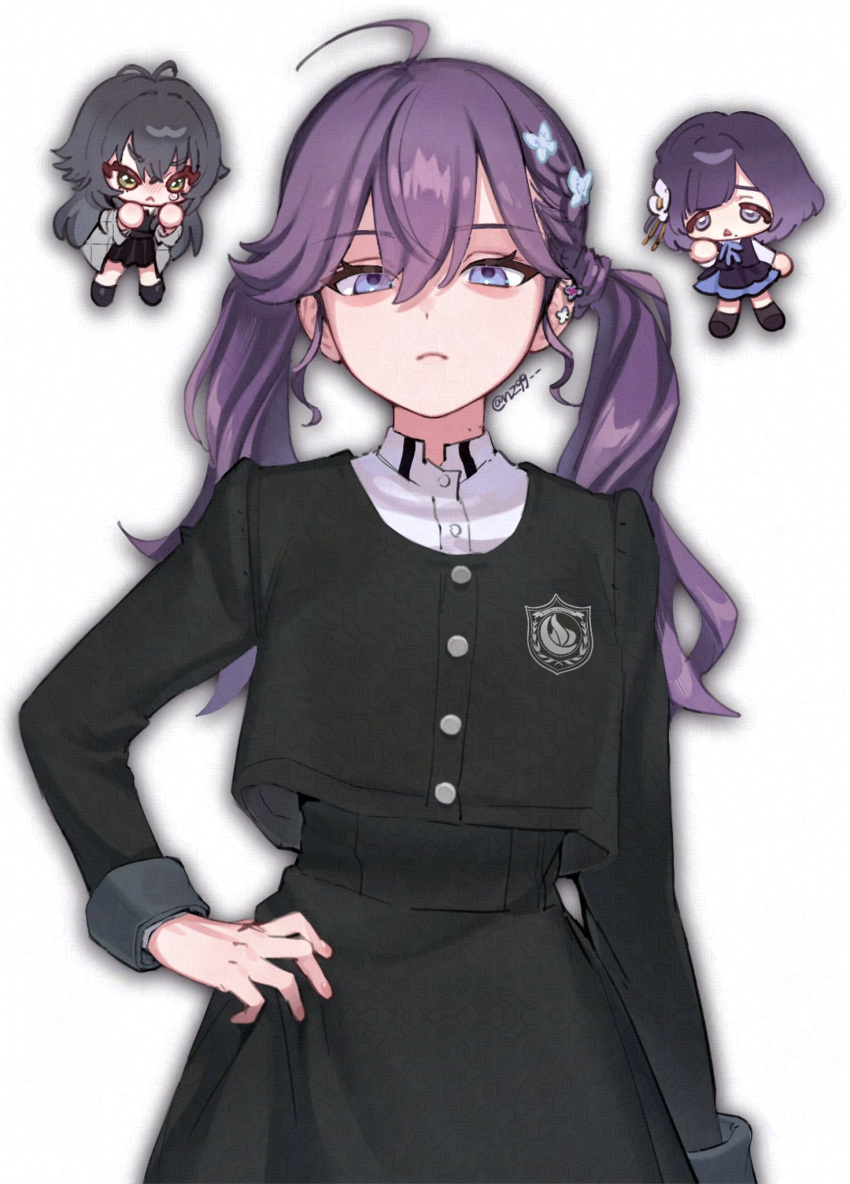 3girls, ahoge, blue_eyes, blue_hair, butterfly_hair_ornament, chibi, earrings, flower, frown, gakuen_idolmaster, gokugetsu_academy_uniform, green_eyes, green_hair, hair_flower, hair_ornament, hand_on_own_hip, hataya_misuzu, highres, idolmaster, jewelry, kaya_rinha, long_hair, looking_at_viewer, mole, mole_under_mouth, multiple_girls, nz99, purple_hair, school_uniform, short_hair, solo_focus, tsukimura_temari, twintails
