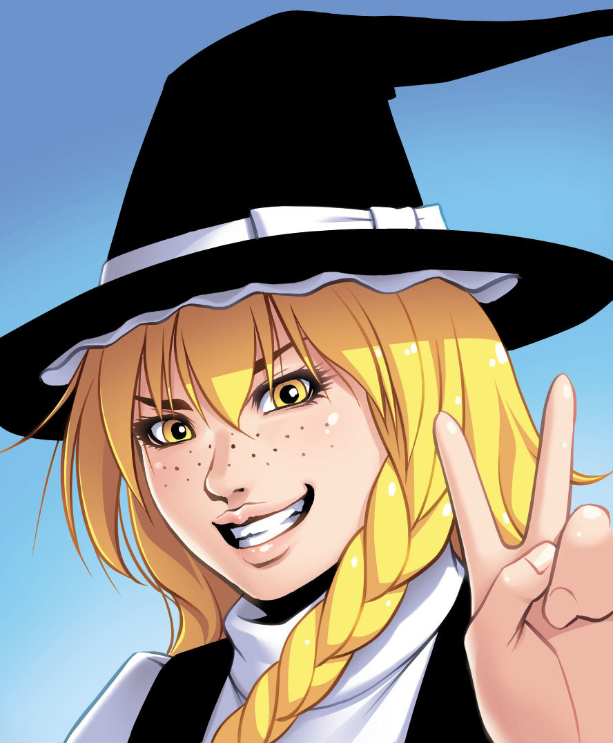 blonde_hair, braid, freckles, grin, hat, kirisame_marisa, long_hair, simple_background