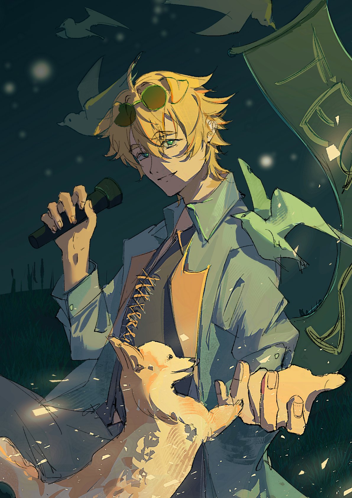 animal_ears, bird, black_shirt, blonde_hair, blue_eyes, blue_jacket, dog, dog_boy