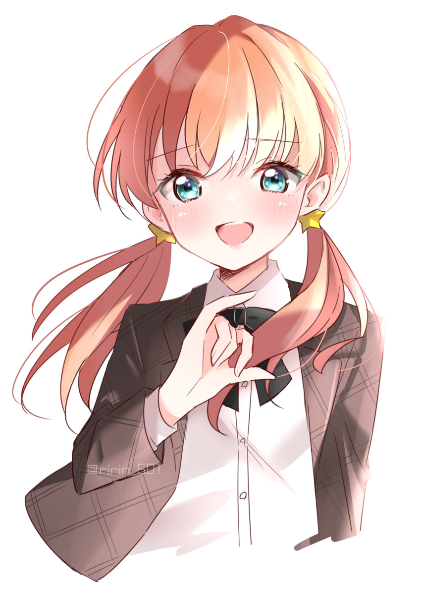 1girl, :d, absurdres, aqua_eyes, black_bow, black_bowtie, blush, bow