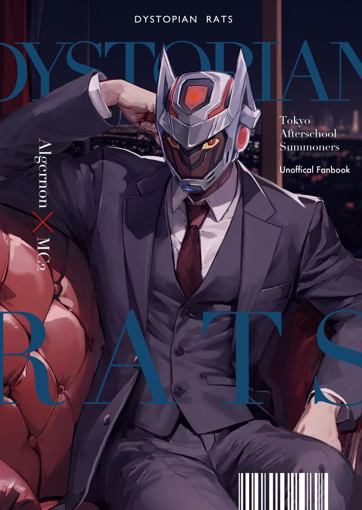 1boy, algernon_(housamo), artist_name, barcode, black_jacket, black_pants, black_vest, blurry
