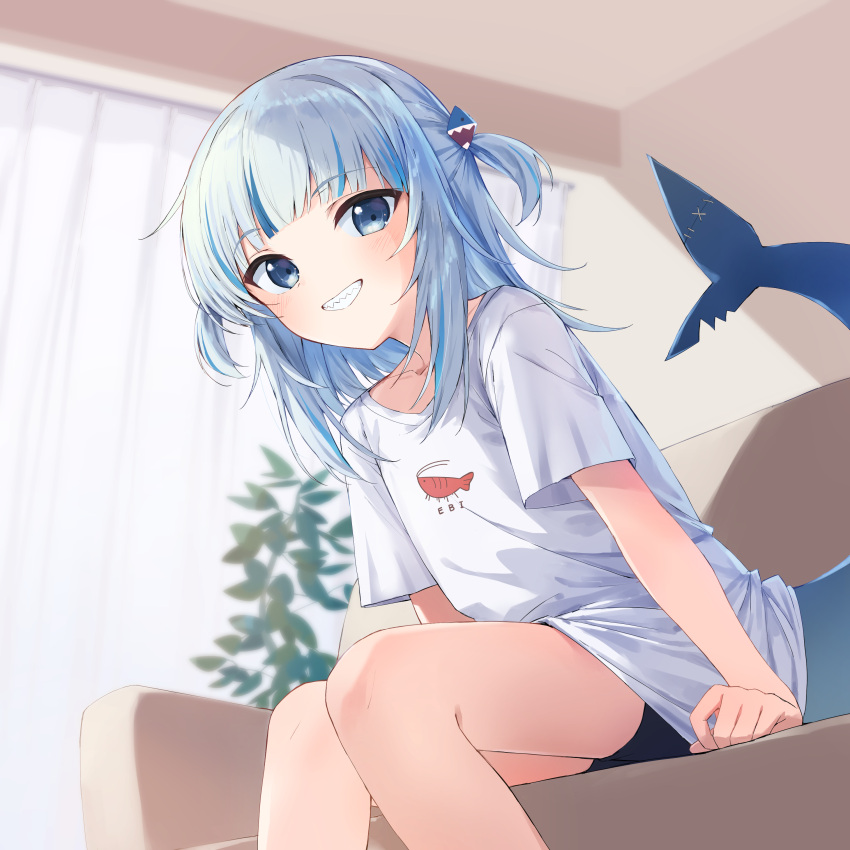 1girl, absurdres, black_shorts, blue_eyes, blue_hair, couch, fins, fish_tail