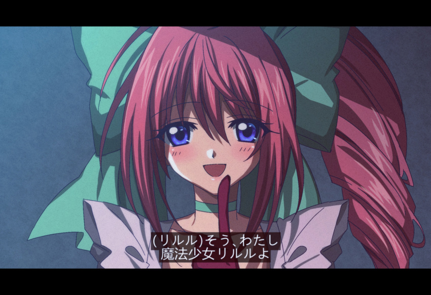 1girl, :d, blue_eyes, bow, choker, finger_to_mouth, gesshoku3, gloves