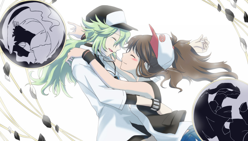 blush, brown_hair, couple, denim, denim_shorts, green_hair, happy_tears, hat, long_hair, miko_embrace, n_(pokemon), parody, pokemon, pokemon_(game), pokemon_black_and_white, pokemon_bw, ponytail, reshiram, saku_singing, shorts, tears, touko_(pokemon), zekrom
