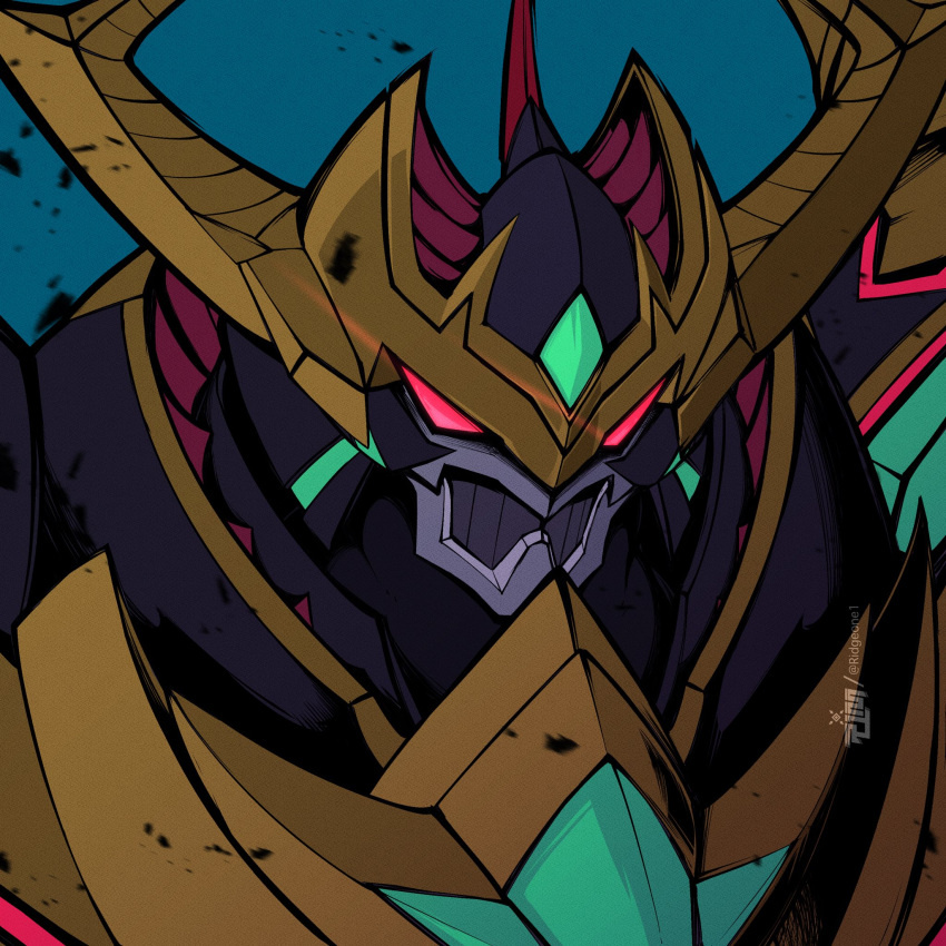 armor, black_armor, blue_background, close-up, darkknightmon, darkknightmon_x-antibody, digimon, digimon_(creature)