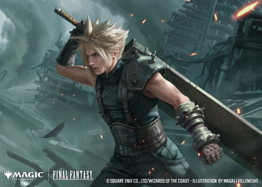 1boy, armor, artist_name, belt, black_shirt, blonde_hair, blue_eyes, building, buster_sword, clenched_hand, cloud_strife, clouds, cloudy_sky, company_name, copyright_name, copyright_notice, earrings, fighting_stance, final_fantasy, final_fantasy_vii, final_fantasy_vii_rebirth, final_fantasy_vii_remake, frown, gauntlets, grey_background, grey_sky, holding, holding_sword, holding_weapon, jewelry, magali_villeneuve, magic:_the_gathering, male_focus, official_art, parted_lips, pauldrons, ribbed_shirt, rubble, ruins, shirt, short_hair, shoulder_armor, single_pauldron, single_shoulder_pad, sky, sleeveless, sleeveless_turtleneck, solo, spiky_hair, suspenders, sword, sword_behind_back, toned, toned_male, turtleneck, weapon