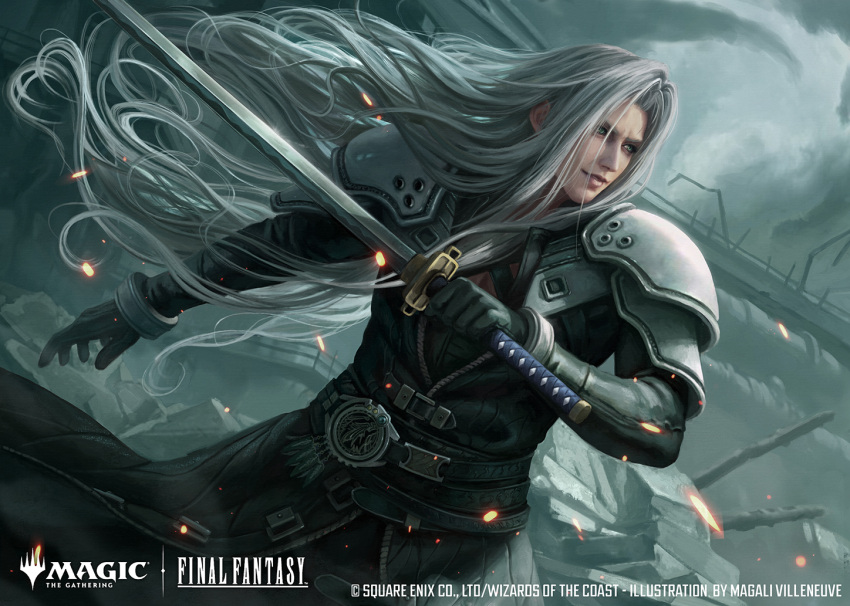 1boy, armor, artist_name, black_coat, black_gloves, clouds, cloudy_sky, coat