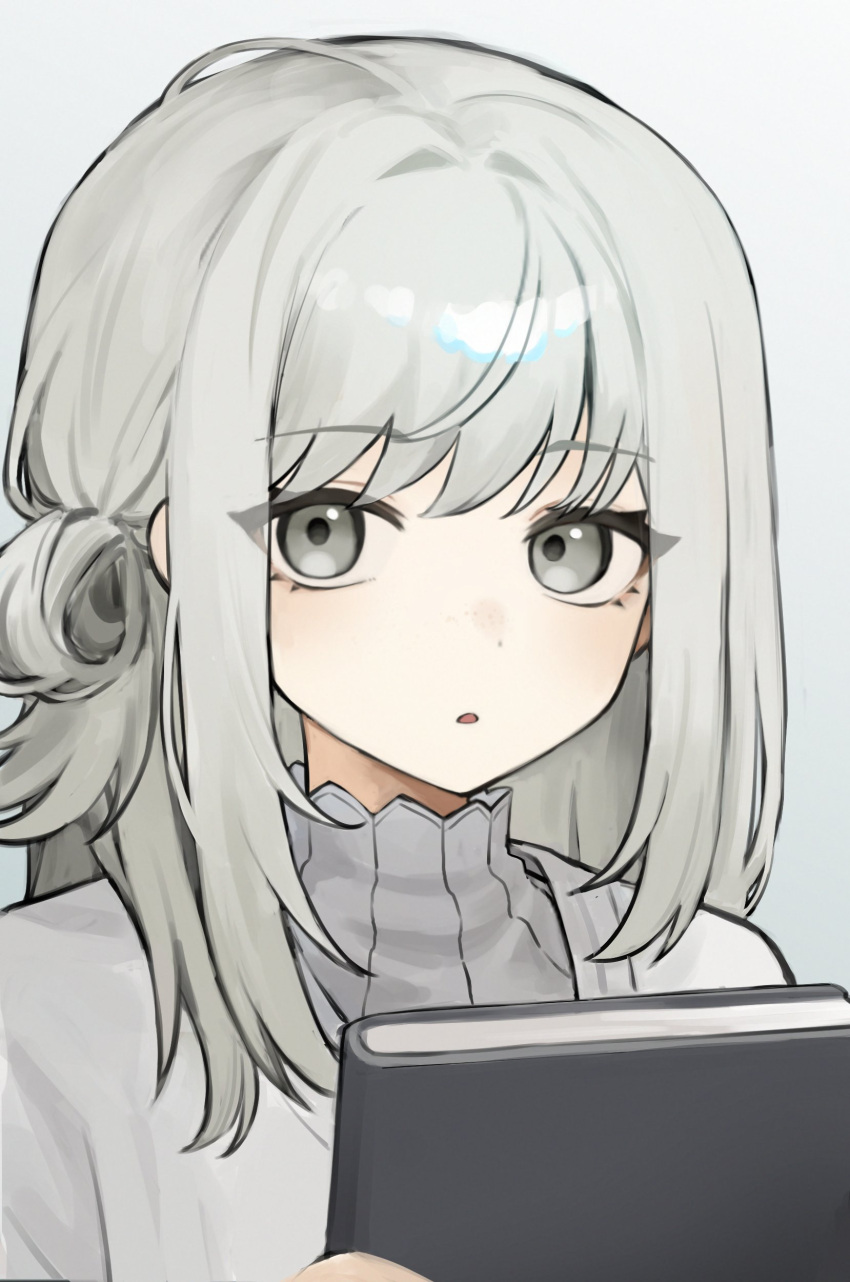 1girl, :o, absurdres, aged_down, book, dress, grey_eyes, grey_hair