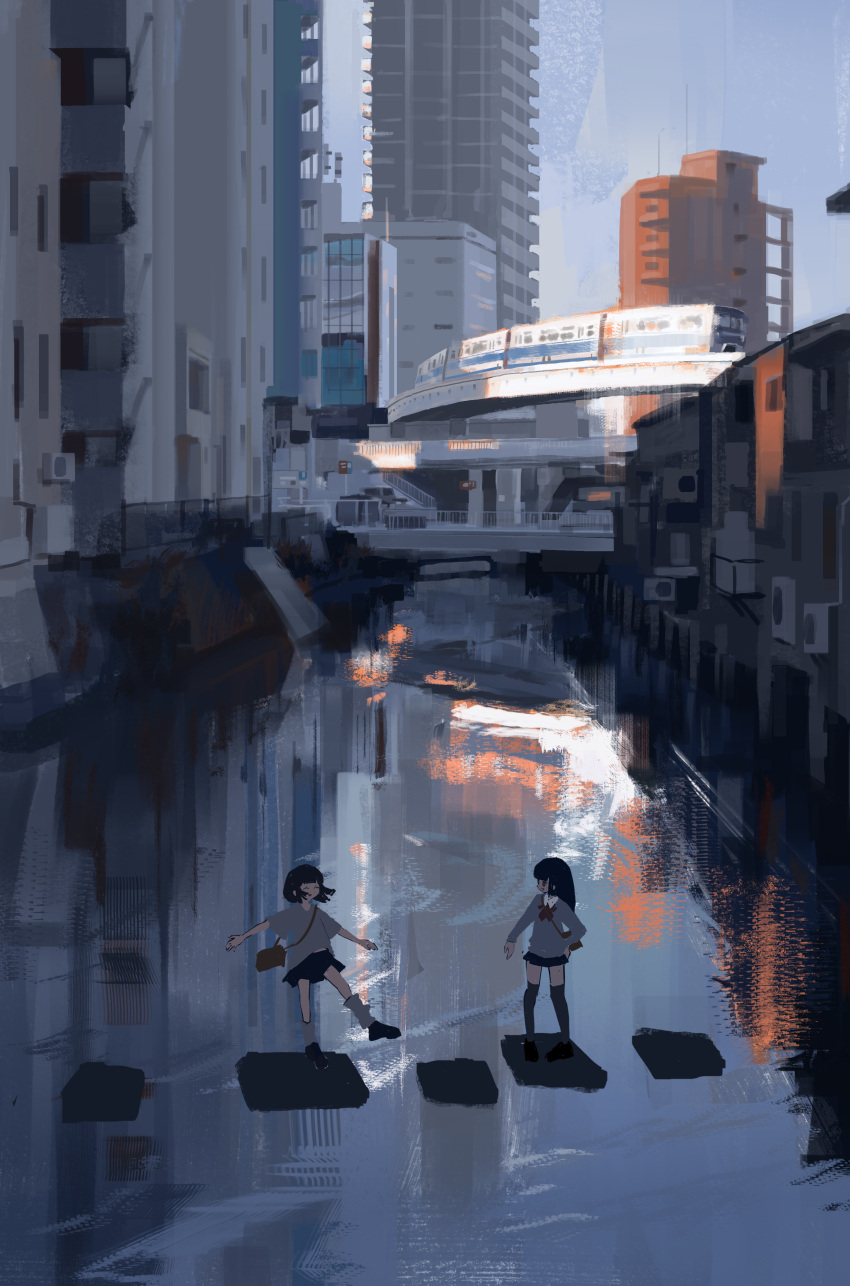 2girls, absurdres, air_conditioner, airfish_(lefko_d), bag, black_hair, building, canal, dawn, elevated_railway, highres, multiple_girls, original, outdoors, outstretched_arms, reflection, reflective_water, scenery, shoulder_bag, skirt, skyscraper, spread_arms, standing, standing_on_one_leg, train, walkway, water, wide_shot