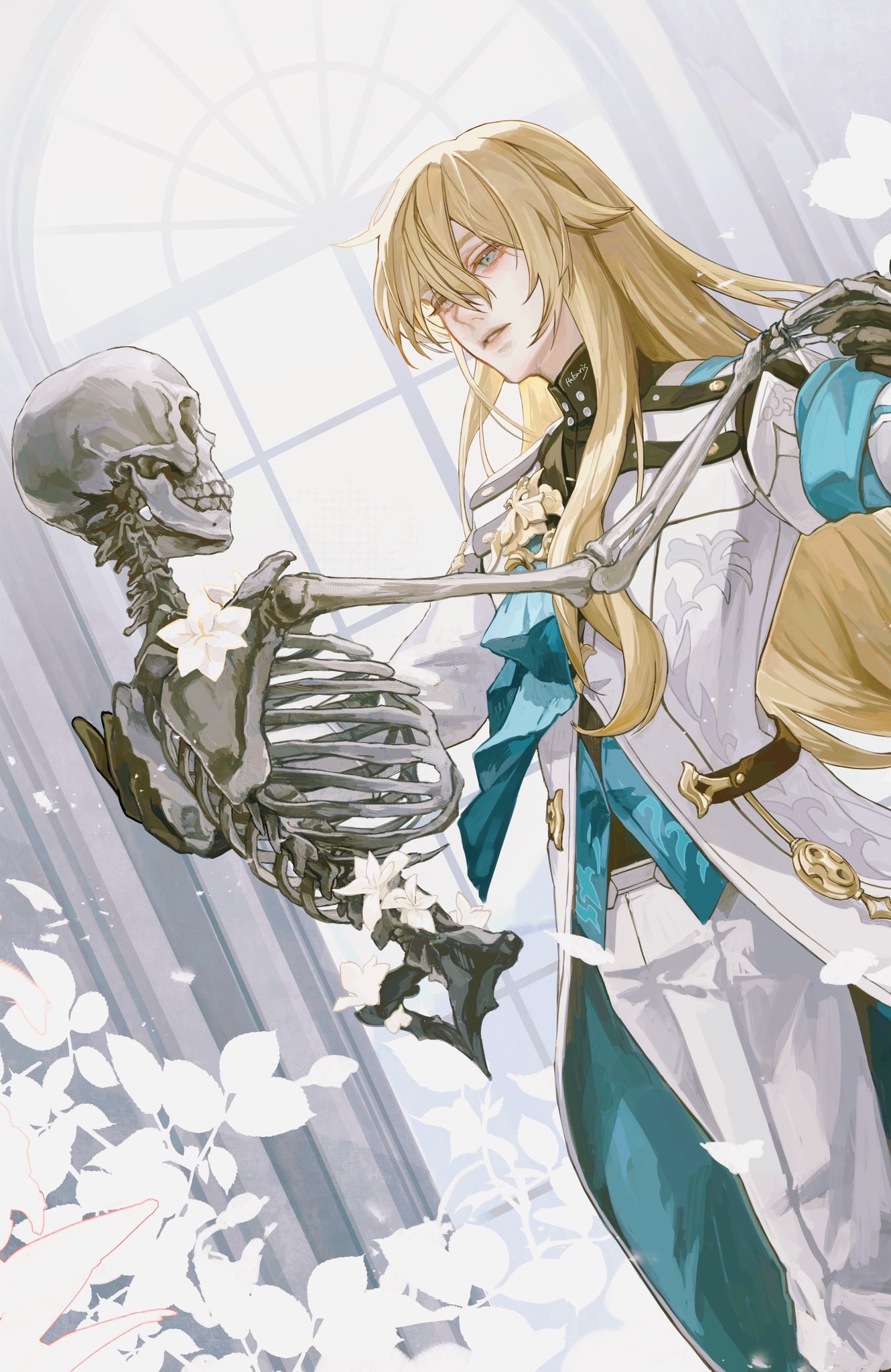 1boy, armband, artist_name, black_gloves, black_shirt, blonde_hair, blue_armband, dancing, flower, gloves, green_eyes, haku_ris, highres, holding_skeleton, honkai:_star_rail, honkai_(series), jacket, long_hair, long_sleeves, looking_at_object, luocha_(honkai:_star_rail), male_focus, pants, parted_lips, shirt, skeleton, solo, white_flower, white_jacket, white_pants
