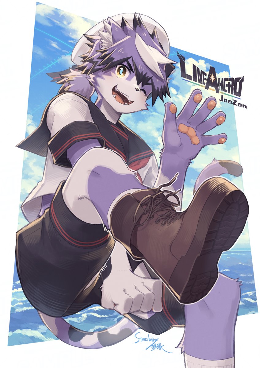 1boy, animal_ears, artist_name, black_sailor_collar, black_shorts, blue_sky, boots, brown_footwear, cat_boy, cat_ears, cat_tail, character_name, clouds, commentary_request, copyright_logo, copyright_name, fangs, furry, furry_male, hat, joezen_(live_a_hero), live_a_hero, male_focus, multicolored_hair, ocean, one_eye_closed, open_mouth, pawpads, sailor_collar, sailor_hat, sailor_shirt, shirt, shorts, signature, sky, smile, steelwire, tail, white_shirt