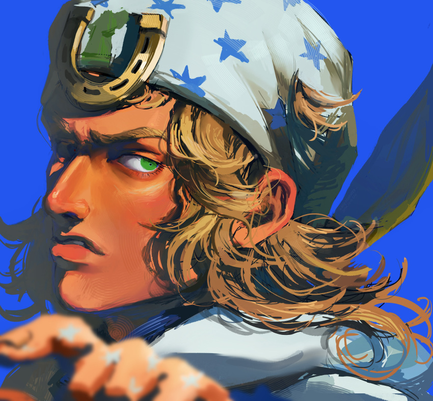 1boy, absurdres, blonde_hair, blue_background, blue_hat, green_eyes, hat, highres, horseshoe, johnny_joestar, jojo_no_kimyou_na_bouken, male_focus, parted_lips, simple_background, solo, star_(symbol), star_print, uu0000322