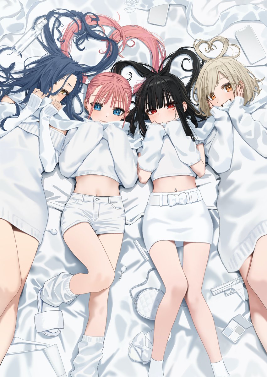 4girls, bag, bed, bed_sheet, belt, black_hair, blonde_hair, blue_eyes