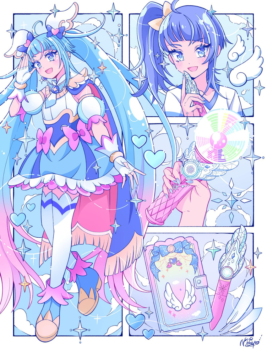1girl, :d, arm_up, blue_eyes, blue_footwear, blue_hair, blue_nails, blue_sky