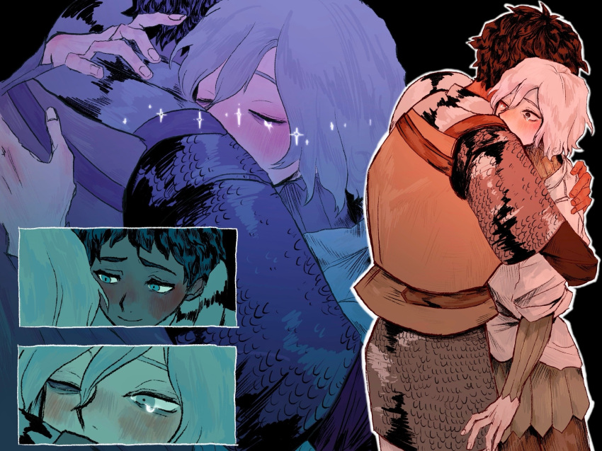 2boys, armor, black_hair, blue_eyes, blush, chainmail, closed_eyes, closed_mouth