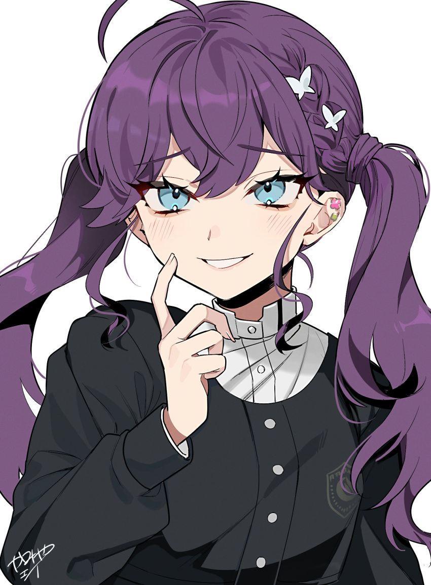 1girl, ahoge, black_shirt, blue_eyes, braid, commentary_request, ear_piercing, gakuen_idolmaster, gokugetsu_academy_uniform, grin, hand_on_own_face, highres, idolmaster, kamiya_ei, kaya_rinha, light_blush, long_hair, long_sleeves, piercing, purple_hair, shirt, signature, simple_background, smile, solo, twintails, upper_body, white_background, white_shirt