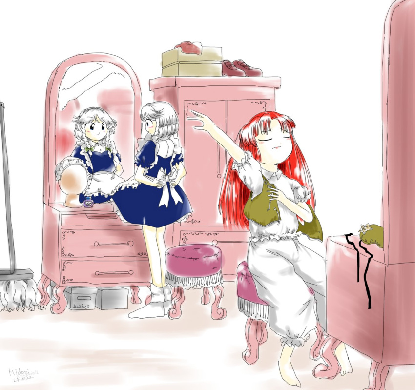 2girls, apron, blue_eyes, braid, changing_clothes, green_hat, hat, highres