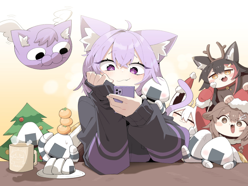 :3, :d, absurdres, ahoge, alternate_costume, animal_ear_fluff, animal_ears, antlers, arm_up, black_hair, blush, bone_hair_ornament, brown_eyes, brown_hair, cartoon_bone, cat_ears, cat_girl, cat_tail, christmas_tree, closed_eyes, cocomayo29_(tomato), coffee_mug, commentary_request, crossed_bangs, cup, deer_antlers, deer_costume, dog_ears, dog_girl, fang, food, fox_ears, fox_girl, fruit, fur-trimmed_gloves, fur-trimmed_headwear, fur_trim, gloves, hair_between_eyes, hair_ornament, hat, head_rest, highres, holding, holding_phone, hololive, horns, inugami_korone, korean_commentary, long_sleeves, mandarin_orange, mug, multicolored_hair, nekomata_okayu, nekomata_okayu_(1st_costume), okanyan_(nekomata_okayu), onigirya_(nekomata_okayu), ookami_mio, phone, purple_hair, redhead, santa_costume, santa_gloves, santa_hat, shirakami_fubuki, smile, steam, streaked_hair, tail, violet_eyes, virtual_youtuber, wings, wolf_ears, wolf_girl