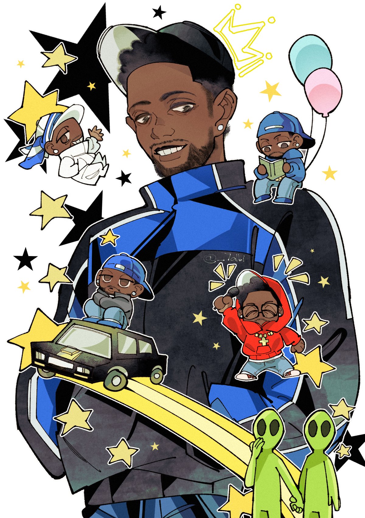 1boy, 2others, alien, balloon, beard, black_hair, black_jacket, blue_footwear