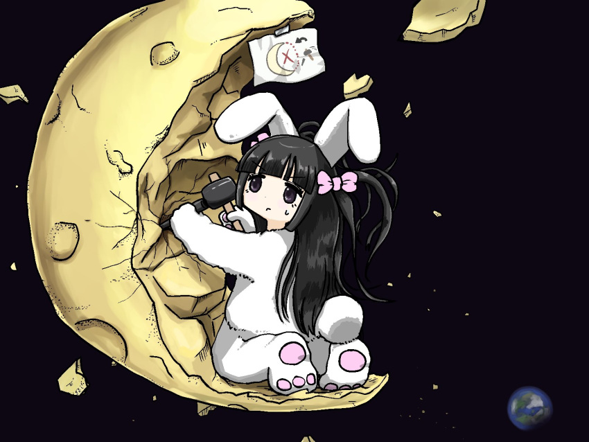 1girl, animal_costume, animal_ears, back_turned, black_background, black_hair, blunt_bangs, bow